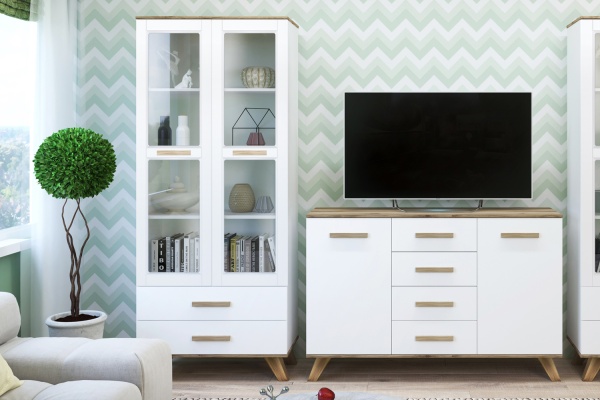 Шкаф - витрина со стеклом распашная 80х40,4х194 белая Вега Скандинавия Кураж